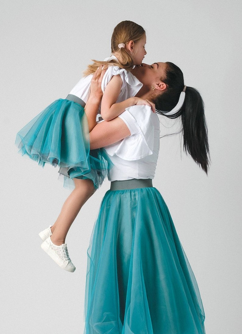 Mutter Mädchen Türkis Grau Tutus Muttertagsgeschenk Familie Passende Outfits Mom Baby Ombre Tüllröcke mit Farbverlauf Midi Tellerrock Bild 3