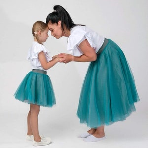 Mutter Mädchen Türkis Grau Tutus - Muttertagsgeschenk -Familie Passende Outfits - Mom Baby Ombre Tüllröcke mit Farbverlauf - Midi Tellerrock