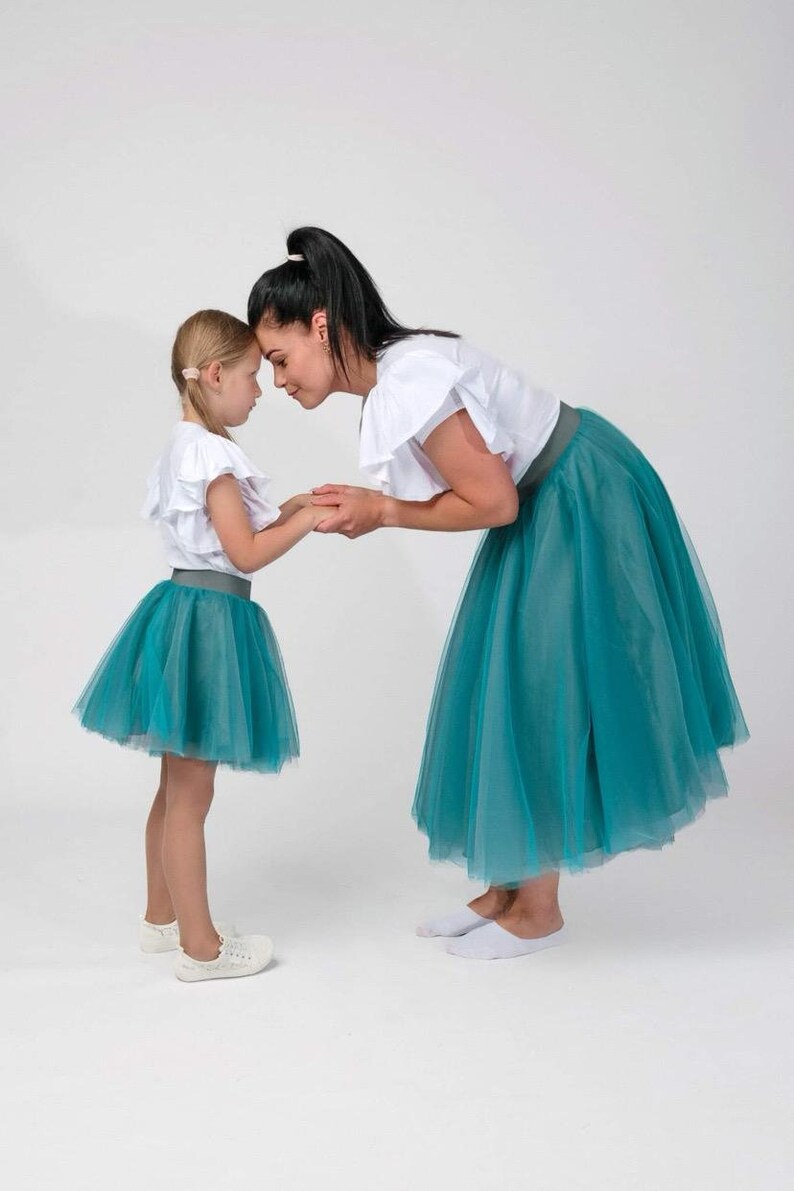 Mutter Mädchen Türkis Grau Tutus Muttertagsgeschenk Familie Passende Outfits Mom Baby Ombre Tüllröcke mit Farbverlauf Midi Tellerrock Bild 1