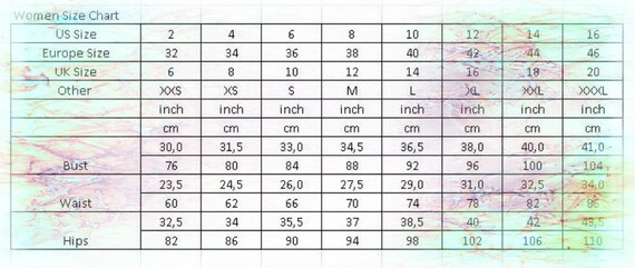 Etsy Size Chart