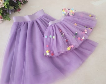 Jupe en tulle violet clair assortie pour maman et bébé - tenues de fête 1er anniversaire - Tutu duveteux à pompon pour tout-petit - tenue pour photo de famille