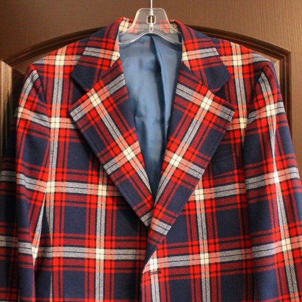 Vintage Red, White, and Blue Plaid Wool Sport Coat - Cricketeer for Varsity Shop- 40R