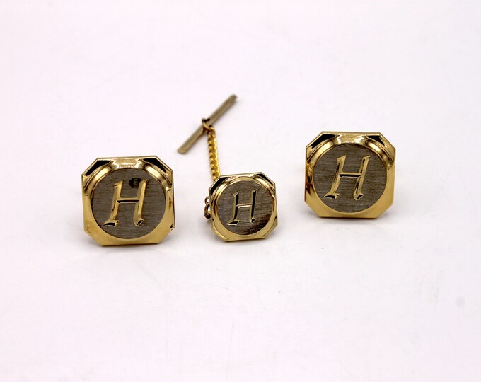 Vintage Gold Toned Tie Tack and Cufflink Set With H Monogram - Etsy