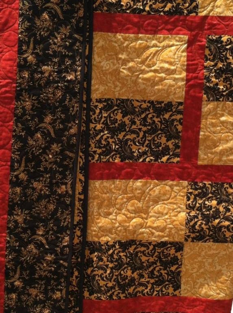 Burgandy Black and Gold King Quilt. Beautiful Open Feather Etsy