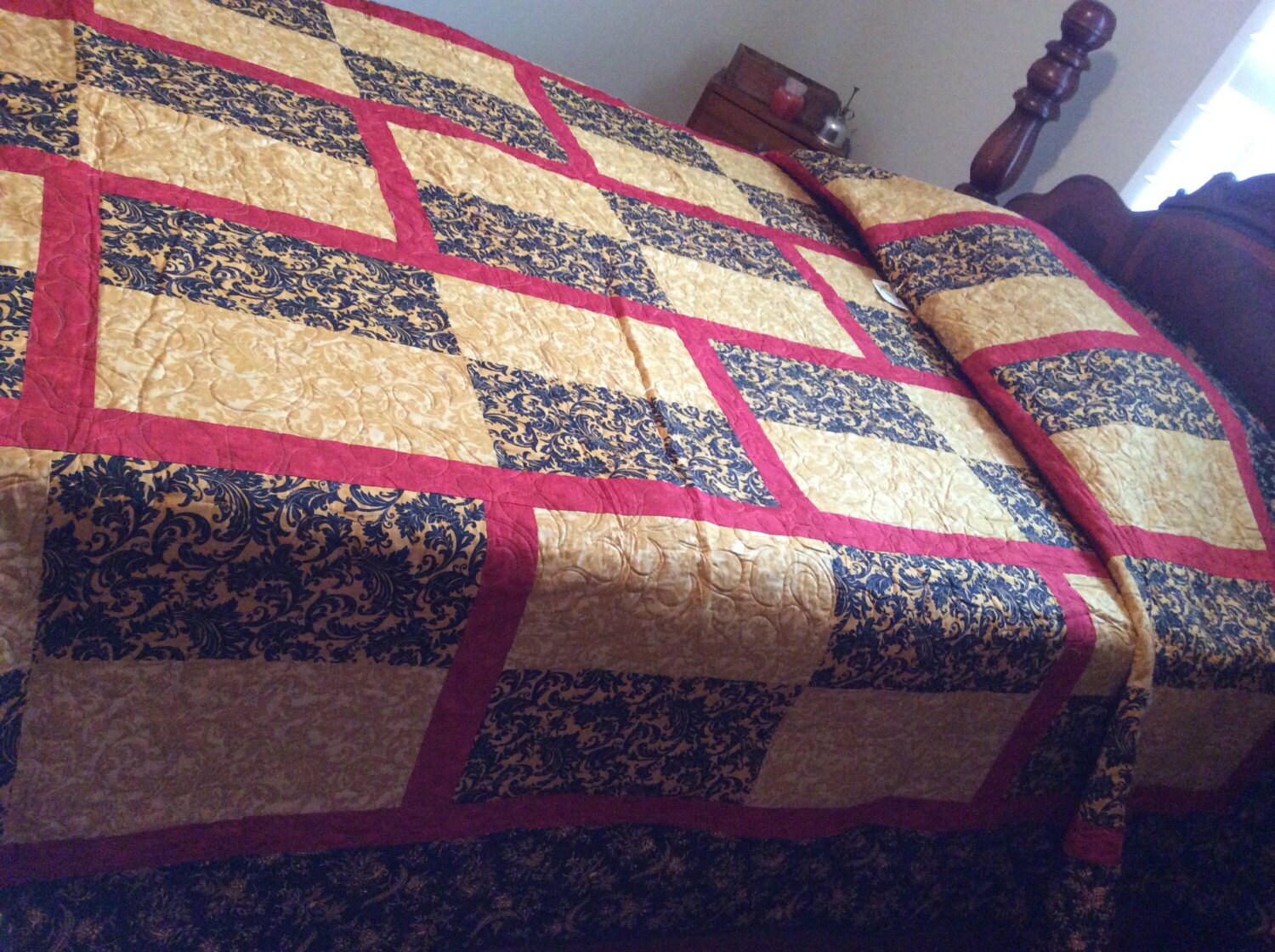 Burgandy Black and Gold King Quilt. Beautiful Open Feather Etsy