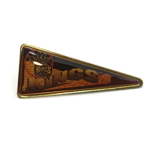 Vintage KINGS Pin ~ New ~ NBA Basketball Collector Pennant Pin ~ Brass ~ Glossy Domed Enamel ~ 1995 ~ Retro Jersey Logo ~ Great Gift Idea