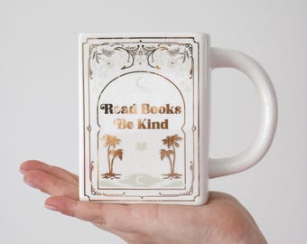 Book Shaped Mug || White and Gold Book Mug || Bookish Decor || Read Books Be Kind