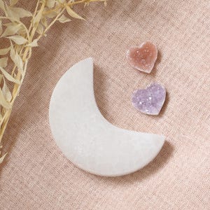 Satin Spar Moon & Kristall Mini Herzen || Kristall Herzen || Amethyst Herz || Selenit Mond