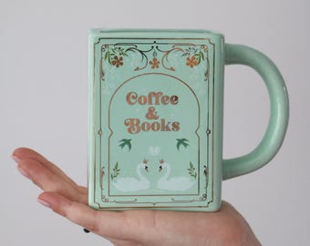 Book Shaped Mug - Bookish Decor, Coffee & Books, Pastel Green and Gold