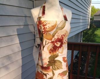 Tan and green floral apron, BBQ apron, Gift for her, Kitchen apron