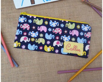Elephant Pencil Case, Personalised Pencil Case, Girls Personalised Case, Back to School Gift, Gift for Girls, Elephants, Stationery Case