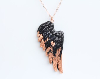 Wing Necklace Black Wing Rose Gold Chain Rose Gold Necklace Rose Gold Filled Wing Pendant 380mm 14 inch chain