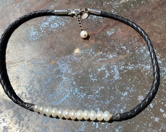 vintage 340210 stamped 925 M 925 silver pearl Pendant with leather chain 15+2 Sterling silver handmade necklace