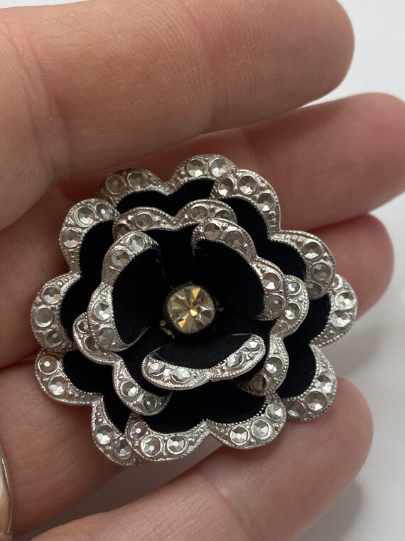 Made in Germany Black Flower Rhinestone Brooch