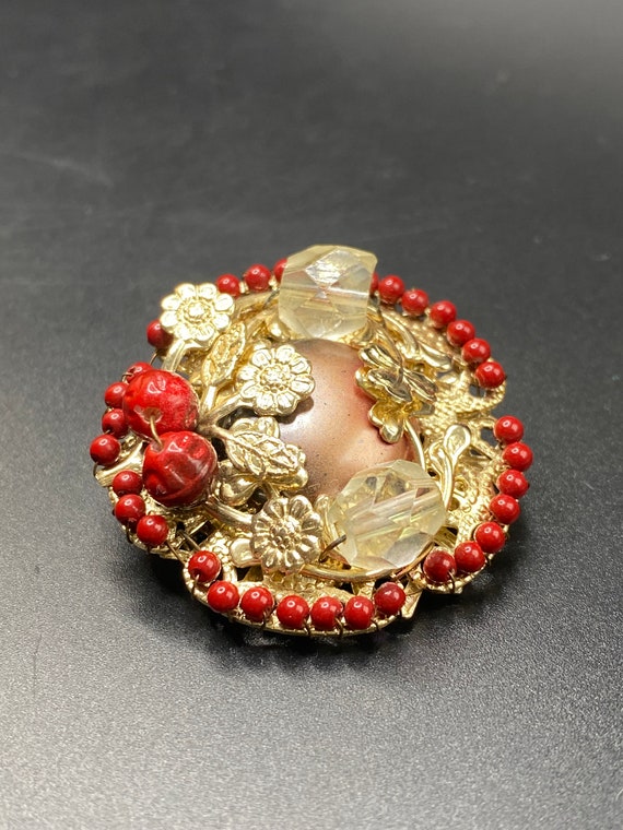 Vintage Japan Red and Gold tone Berry Brooch