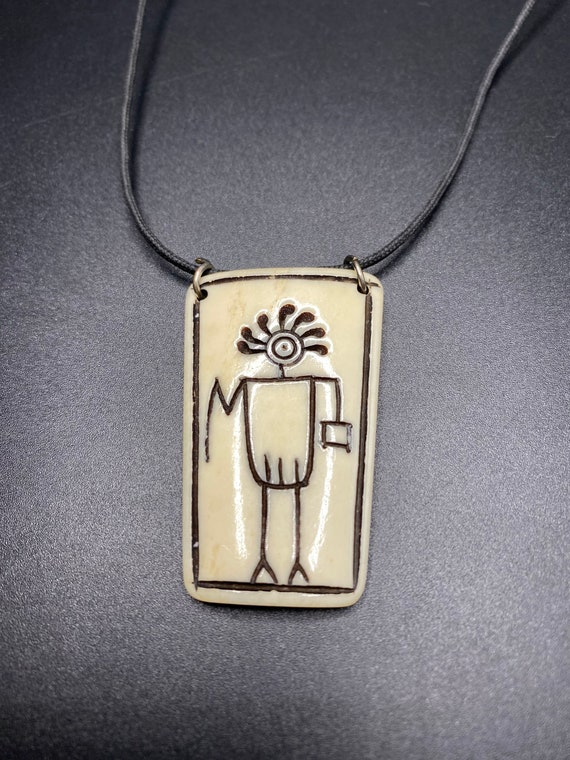 Vintage Tribal Man Bone Pendant Necklace