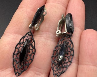 Vintage 1960s Lewis Segal California Clip-On Earrings with Prong Set Black Rhinestones Filigree