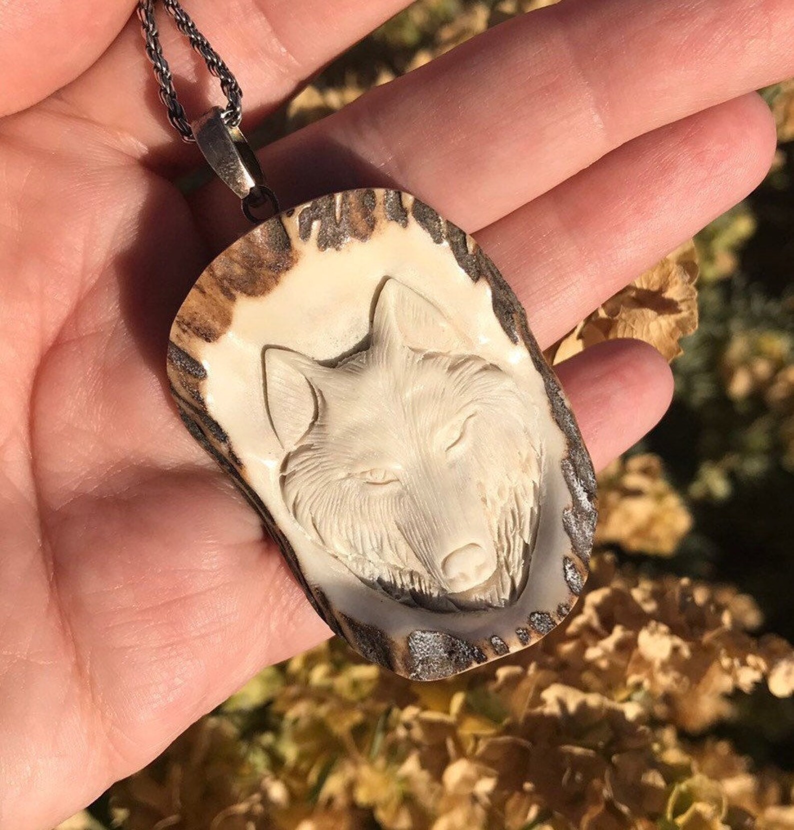 Wolf Necklace Carved Elk Horn Jewelry Wolf Pendant Etsy