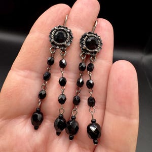 Vintage Silver Tone Black Rhinestone Dangle Earrings