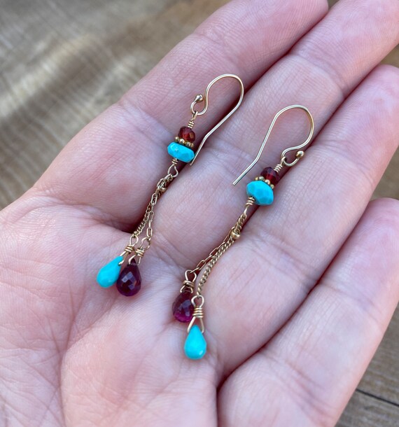 Gold vermeil Turquoise and Garnet Earrings - image 4
