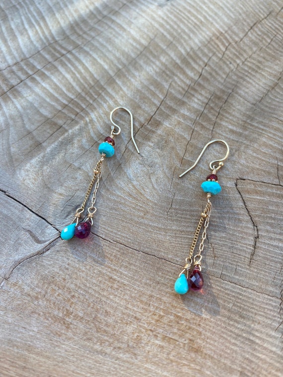 Gold vermeil Turquoise and Garnet Earrings - image 6