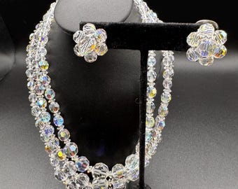 Vintage 1950a Demi Parure AB Crystal Necklace and Earrings Set