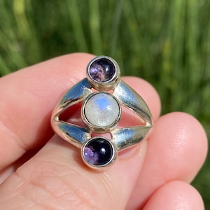 Boho Moonstone and Amethyst Sterling Silver Ring