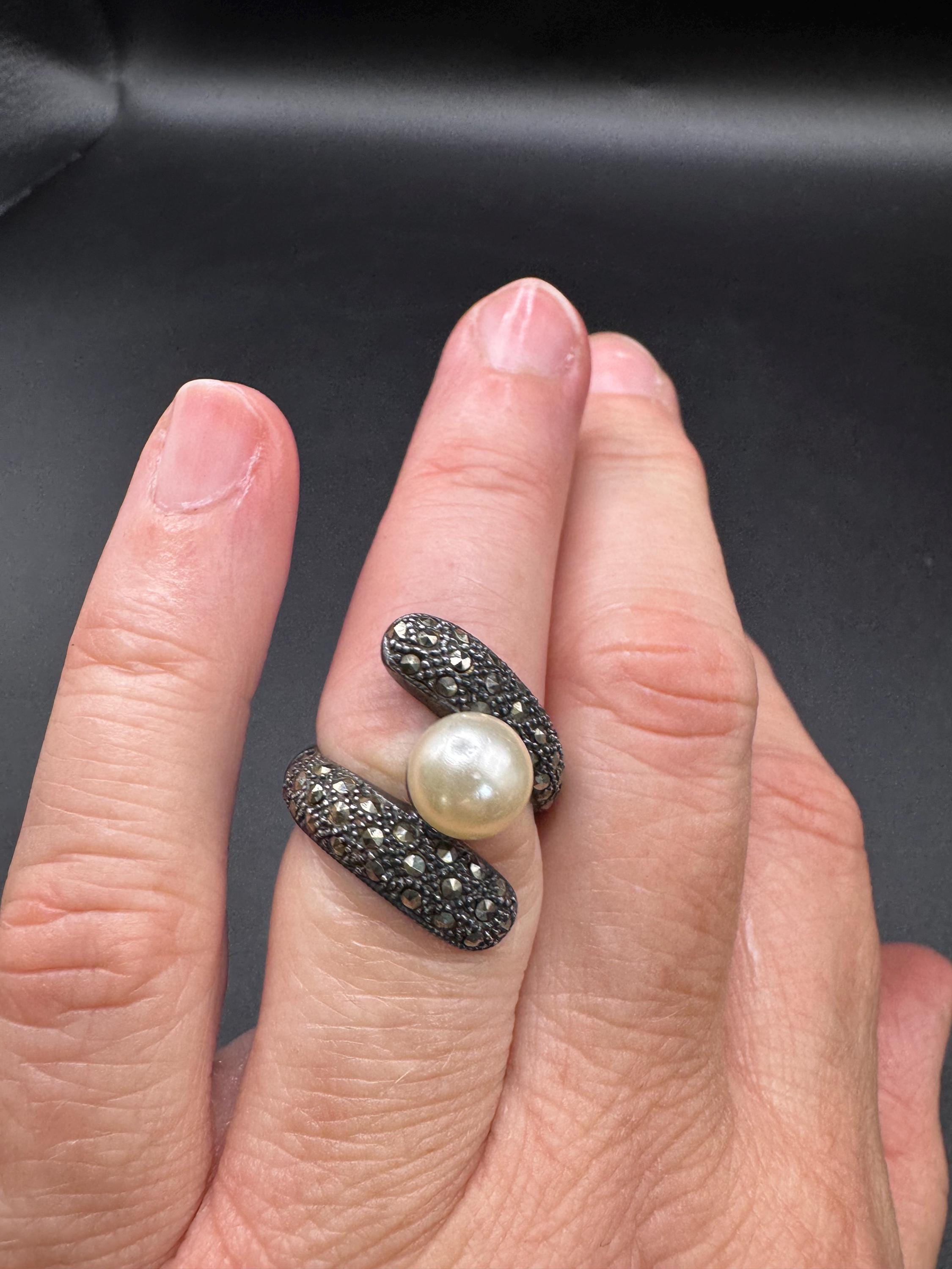 Bague Vintage Perle Et Marcassite Argent Massif 925 - Taille 54, Occasion