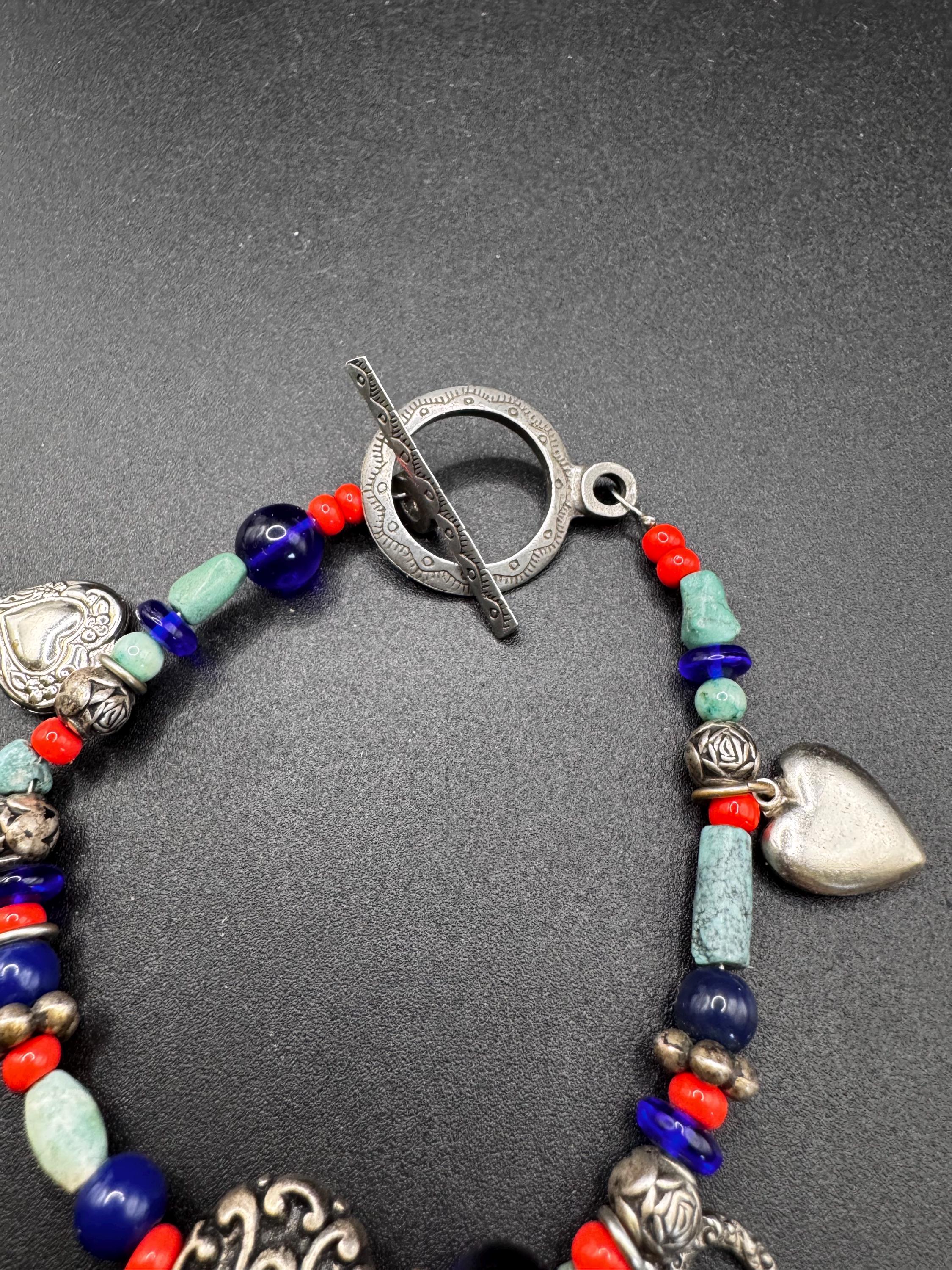ターコイズハートチャーム ブレスレット サウスウェスタンターコイズミックスメタルハートチャームブレスレット