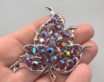 Vintage Red AB Crystal Leaf Brooch Signed SAC