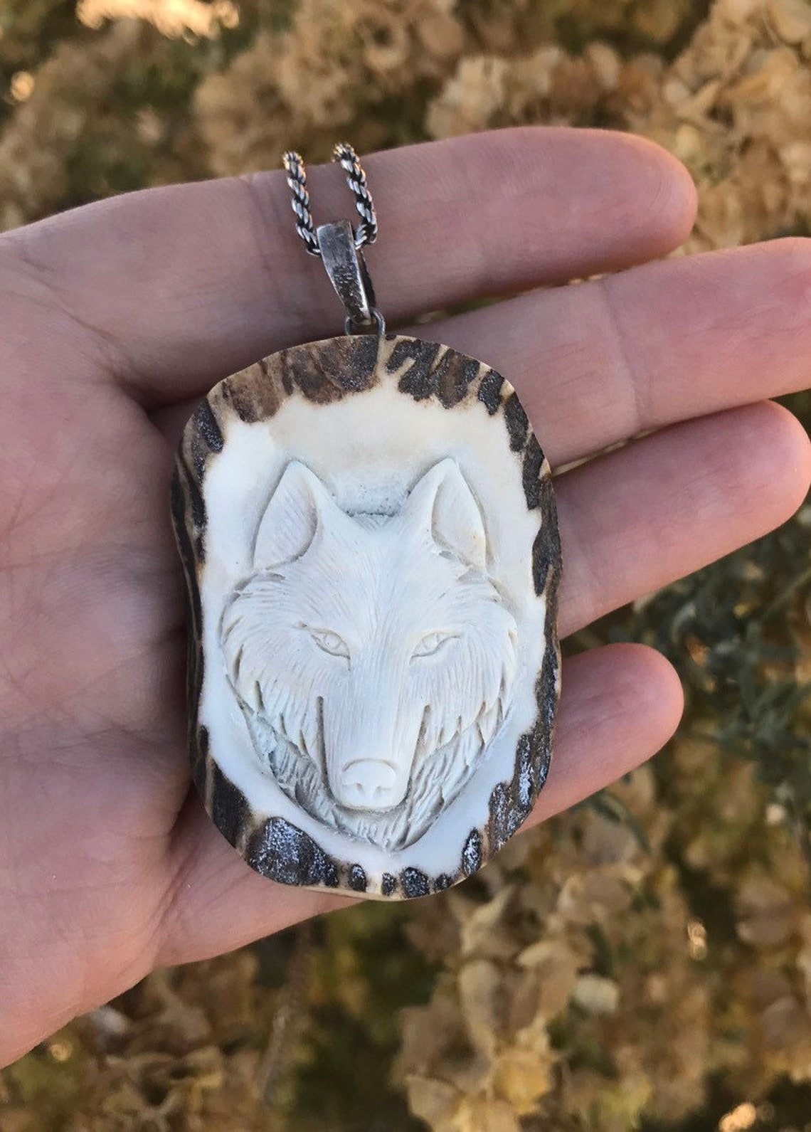 Wolf Necklace Carved Elk Horn Jewelry Wolf Pendant Etsy