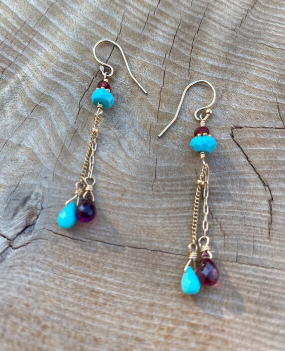 Gold vermeil Turquoise and Garnet Earrings - image 3