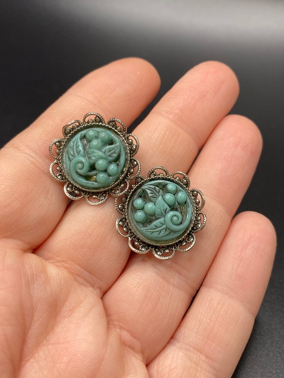 Vintage Carved Faux Turquoise Screw Back Earrings - image 4