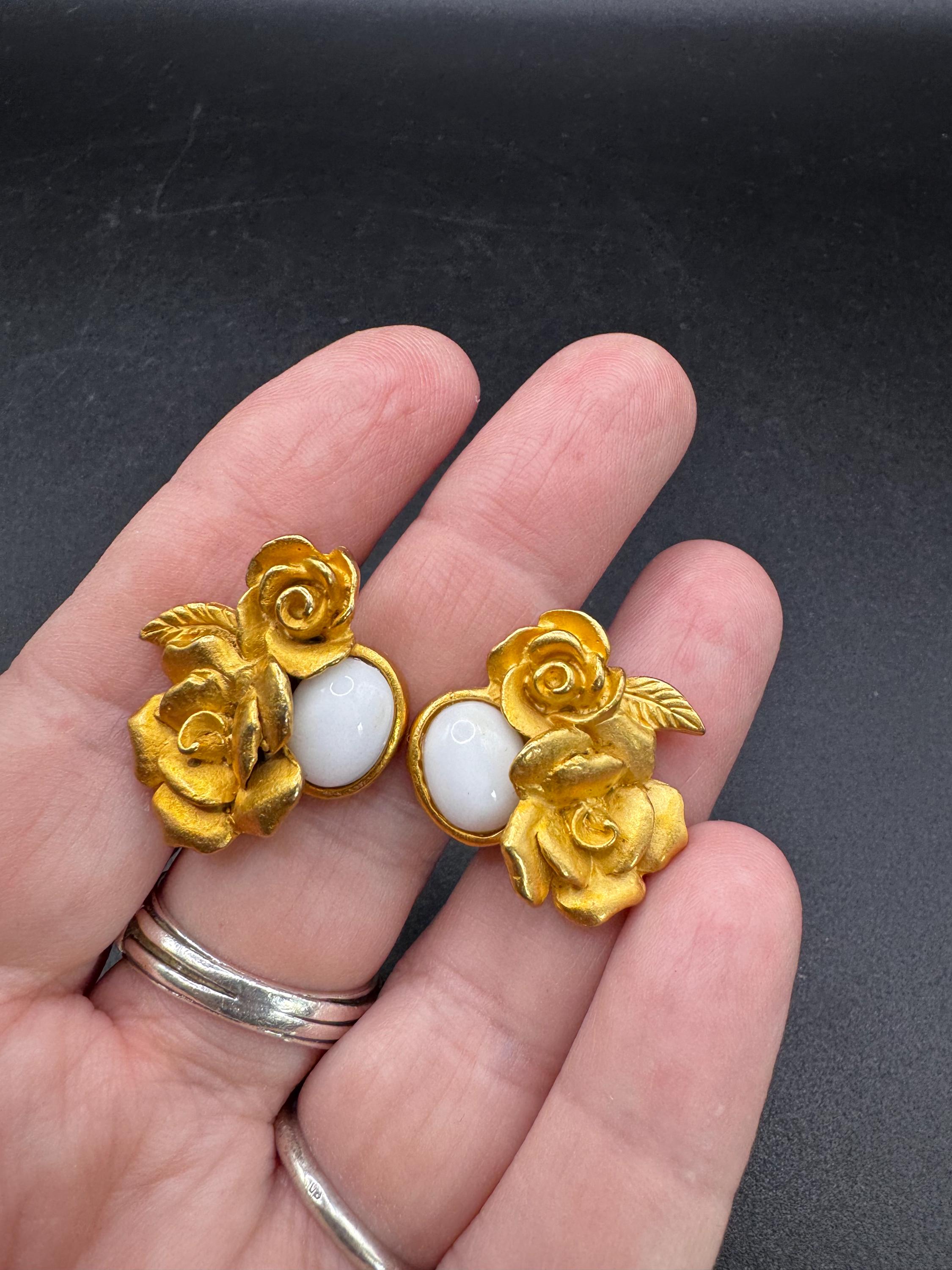 Vintage XEJA Matte Gold Tone Rose White Glass Earrings - Etsy