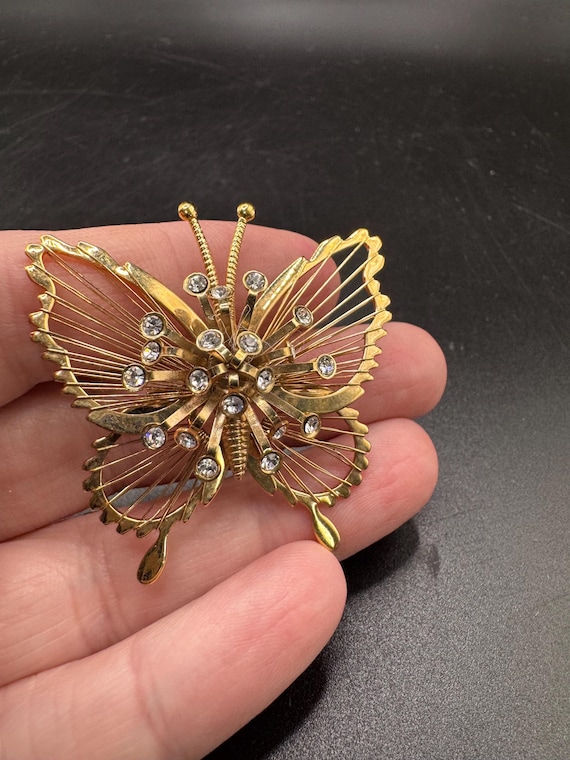 Monet Butterfly Brooch, Vintage Signed Rhinestone Butterfly Pin, Gold Tone View 2