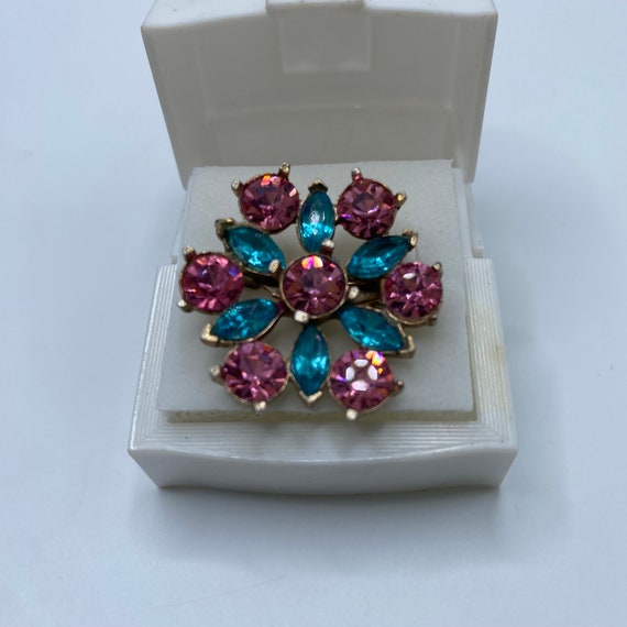 Vintage Pink and Blue Rhinestone Brooch - image 2