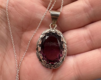 Vintage Amethyst Glass Sterling Silver Pendant Necklace