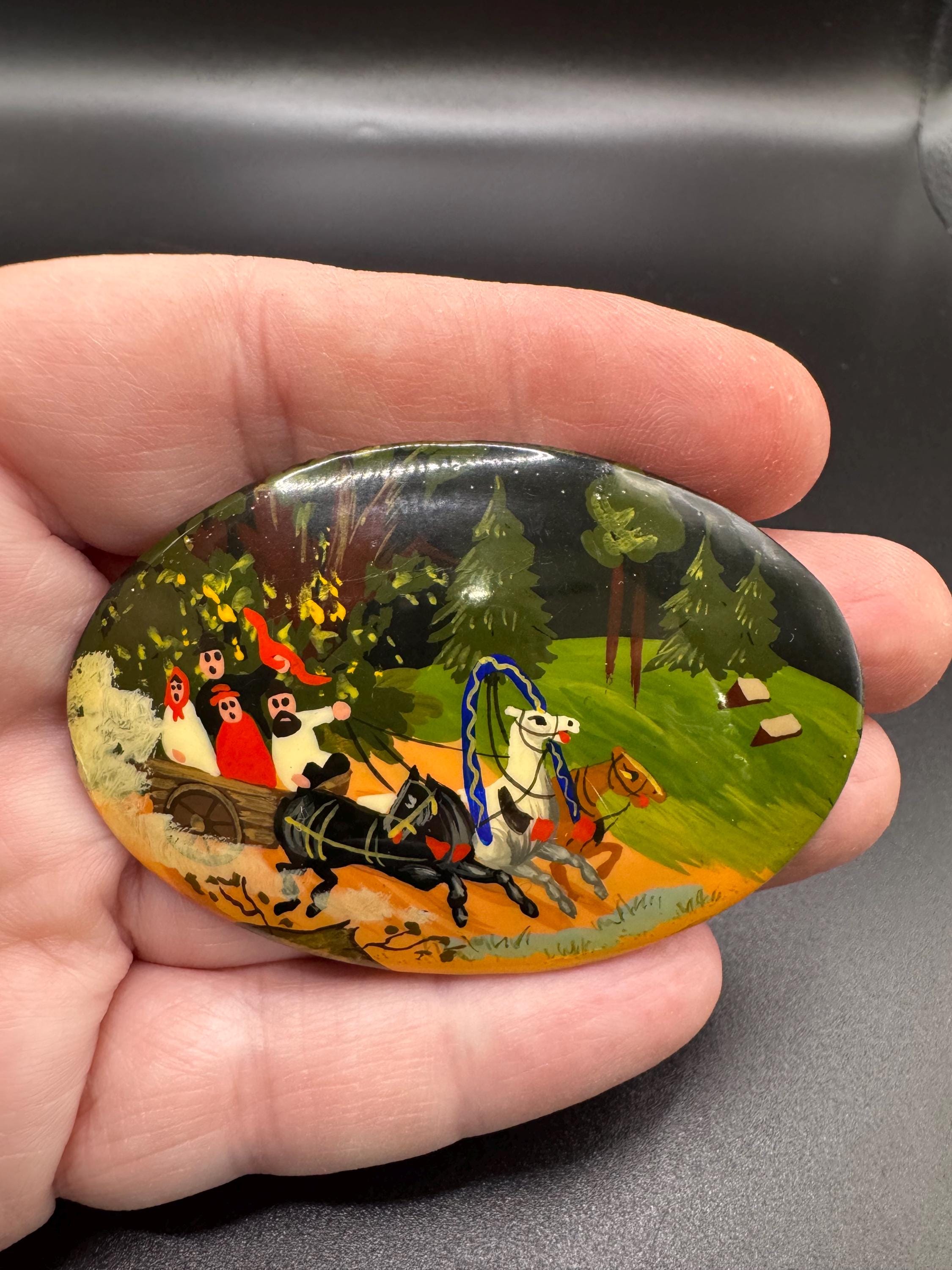 Vintage Russian Winter Scene Painted Lacquer Brooch Pin Approx 2.5