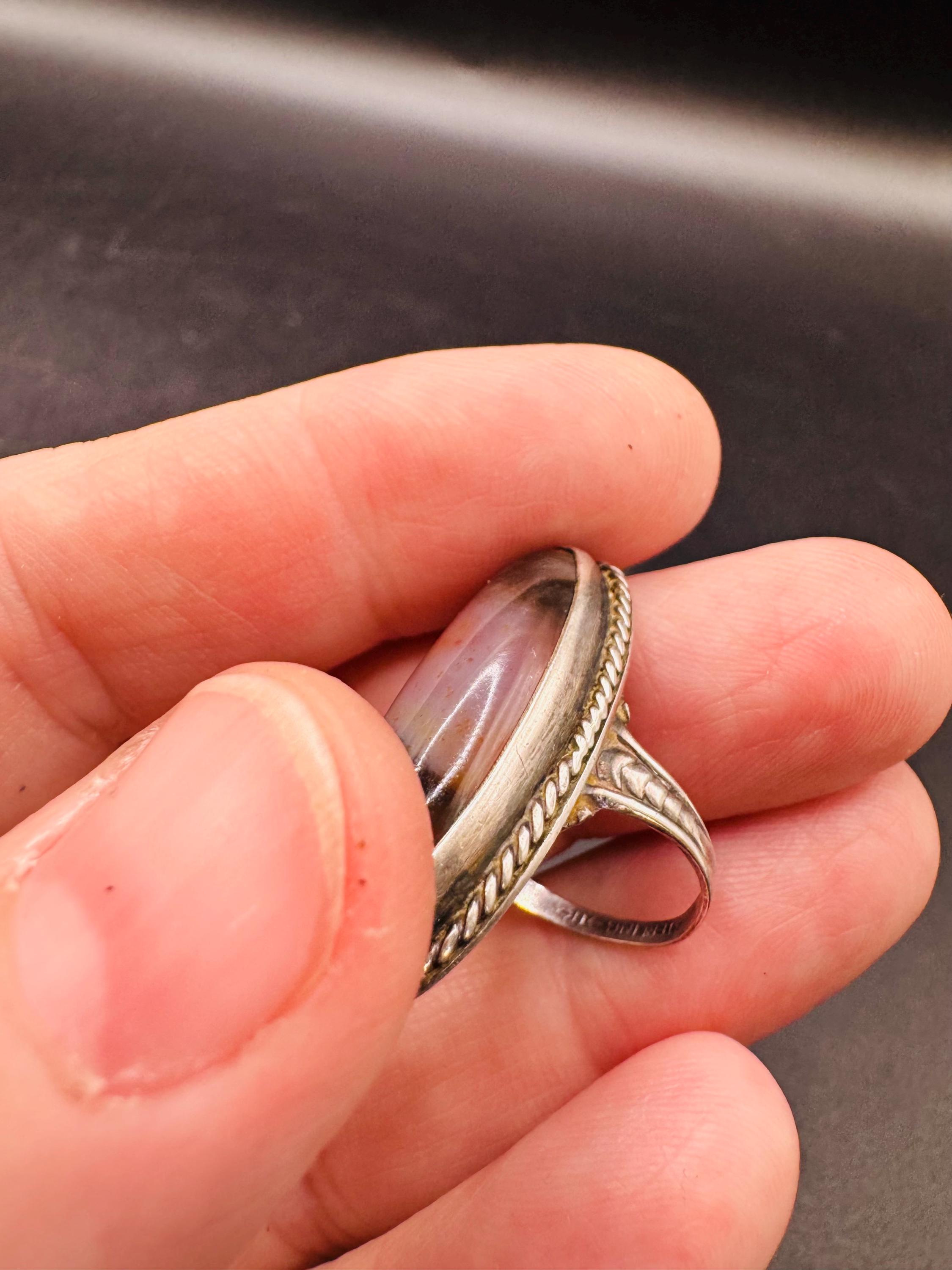 Fred Harvey Era Sterling Silver Montana Agate Elongated Ring