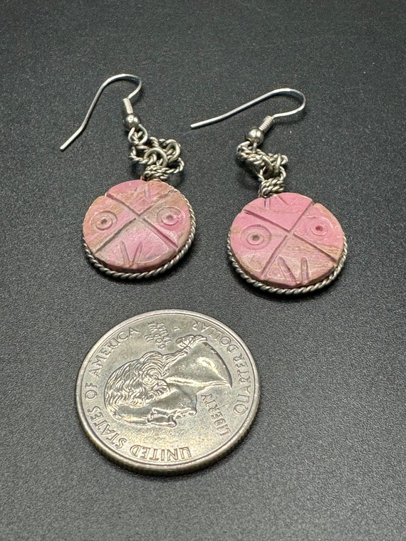 Carved Rhodonite Pink Silver Earrings - image 4