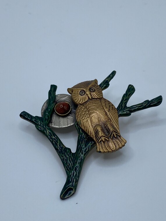 Vintage Owl Brass and Goldstone Brooch - image 2