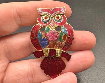 ヴィンテージの赤い七宝焼きのフクロウのブローチ - Etsy 日本