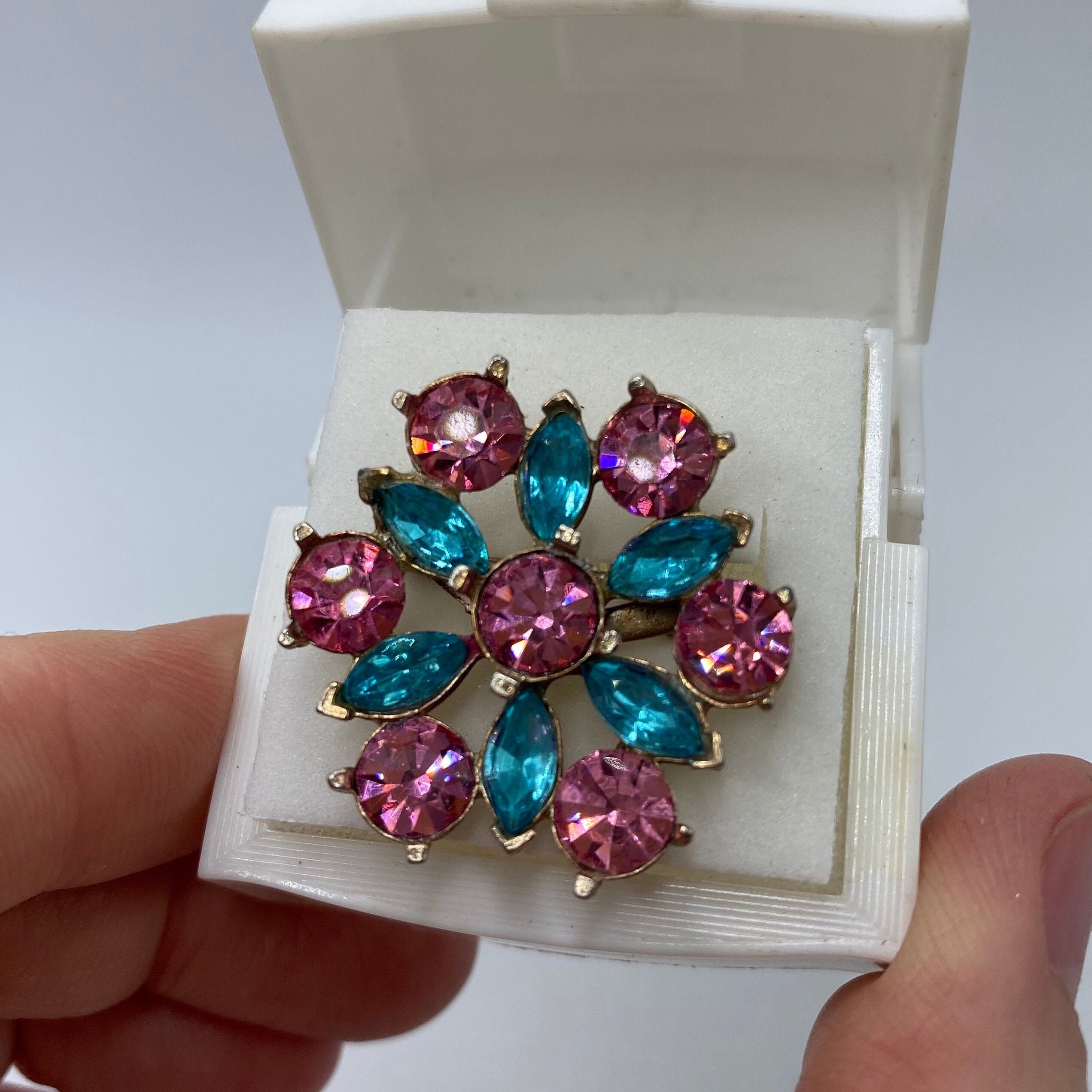 Grande Broche Vintage Strass Bleu Et Rose - Ancienne, Occasion, Bijou De Collection