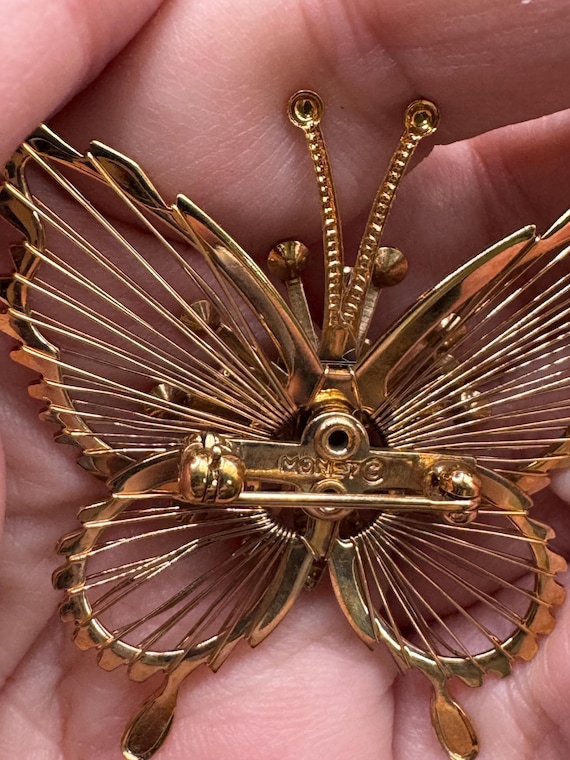 Monet Butterfly Brooch, Vintage Signed Rhinestone Butterfly Pin, Gold Tone View 4