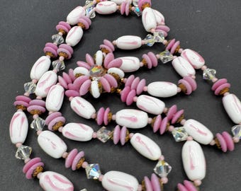 Vintage Side Clasp Pink and White Milk Glass  Beads Two Strand Necklace 1960s