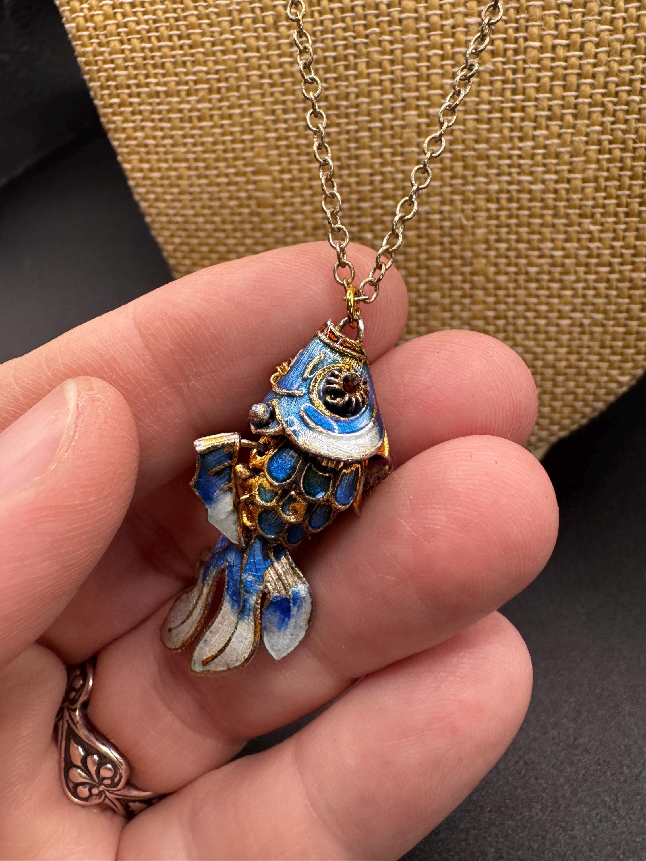 Vintage Cloisonne Gold Vermeil Articulating Fish Pendant Necklace 