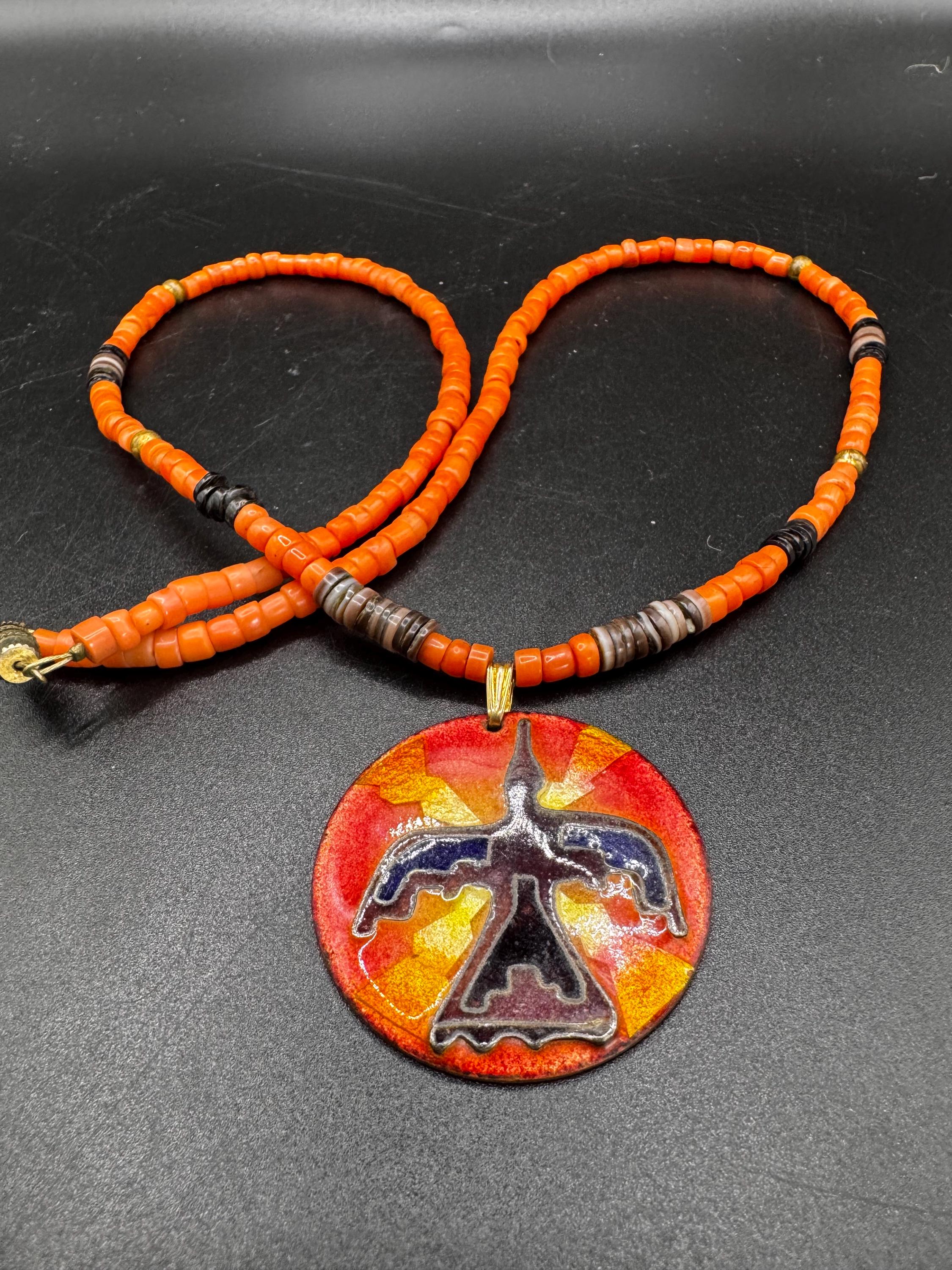 Southwestern Signed LITT Peyote Bird Enamel and Copper Beaded 