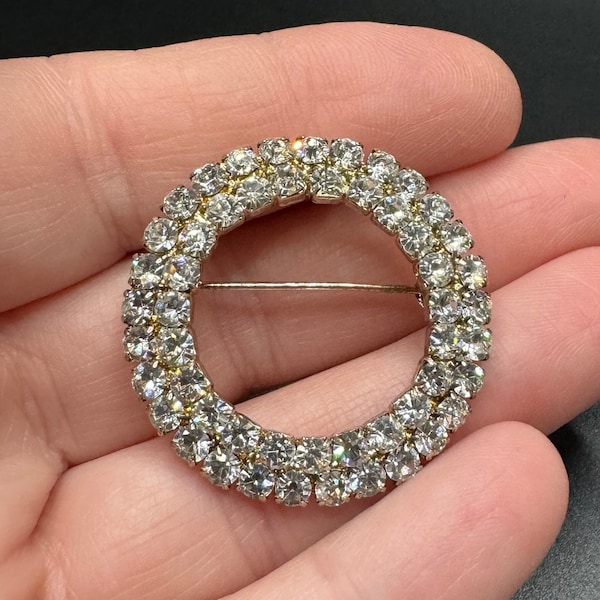 Vintage Rhinestone Round Pot Metal Brooch