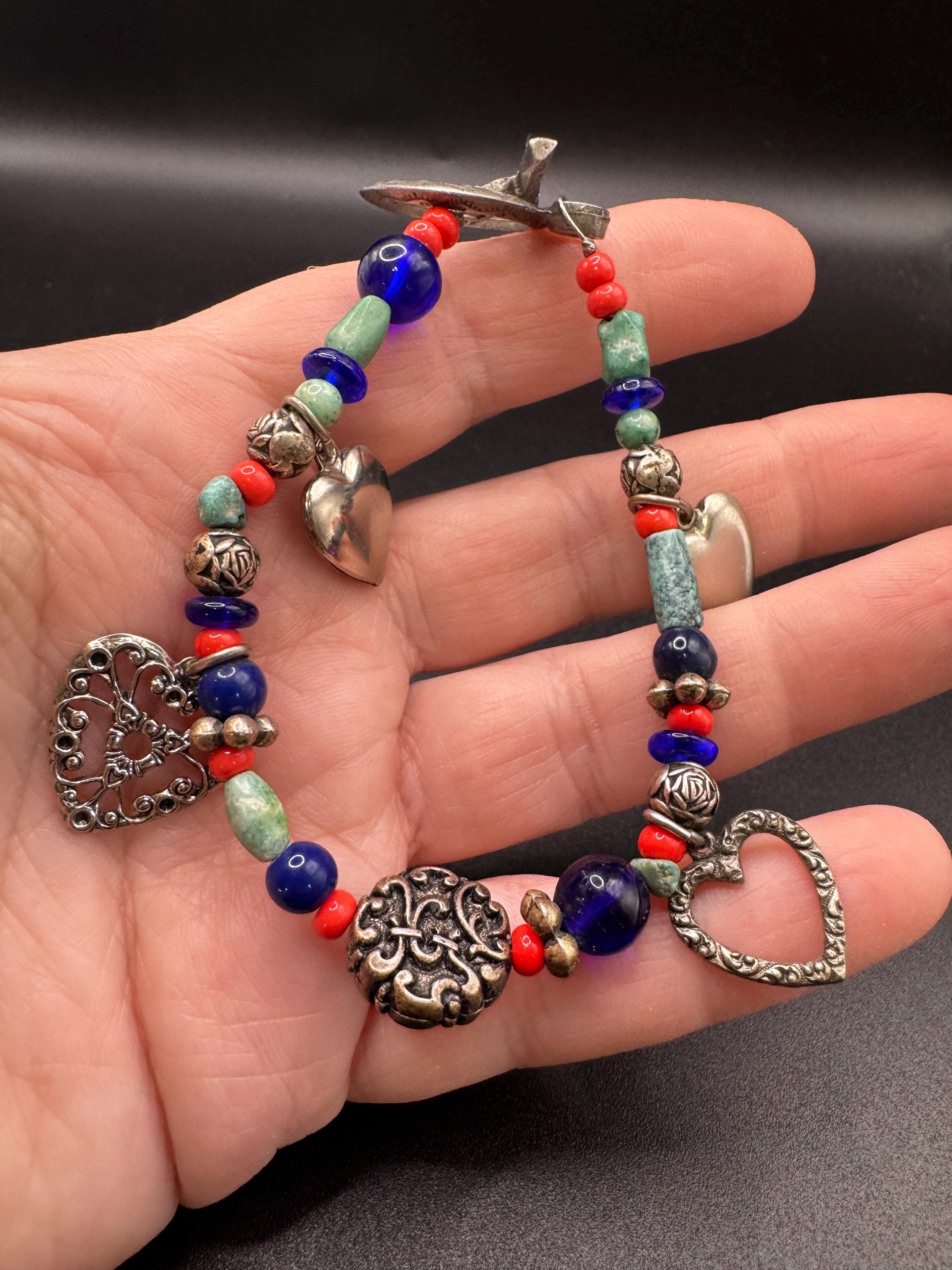 ターコイズハートチャーム ブレスレット サウスウェスタンターコイズミックスメタルハートチャームブレスレット