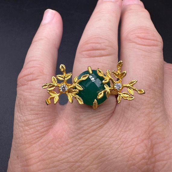 Organic Shaped Botanical Faceted Green Onyx Gold Plate Ring